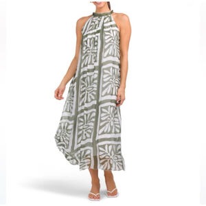 Bellambra Italy Sleeveless Silk Maxi Dress NWT Large Fully Lined Green White